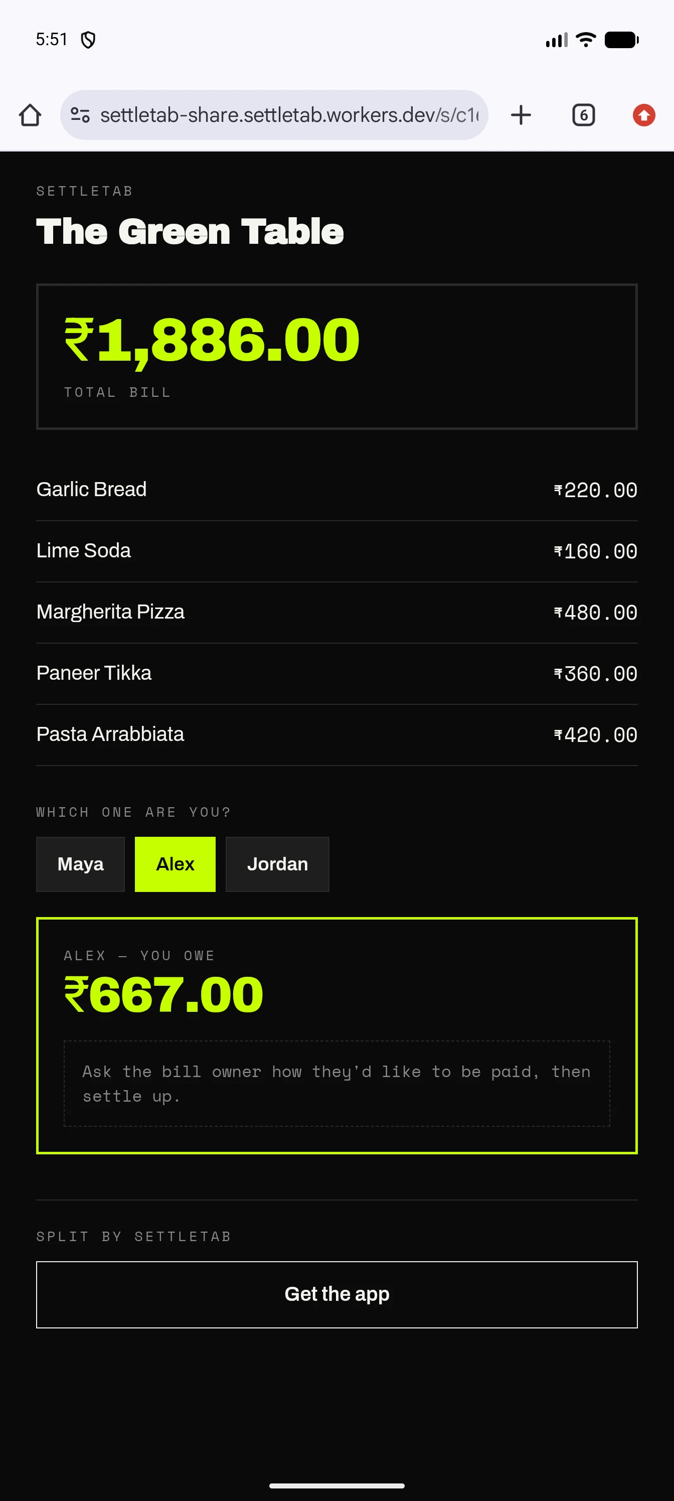 Read-only SettleTab web page for The Green Table showing a ₹1,886 bill with Alex selected and owing ₹667.