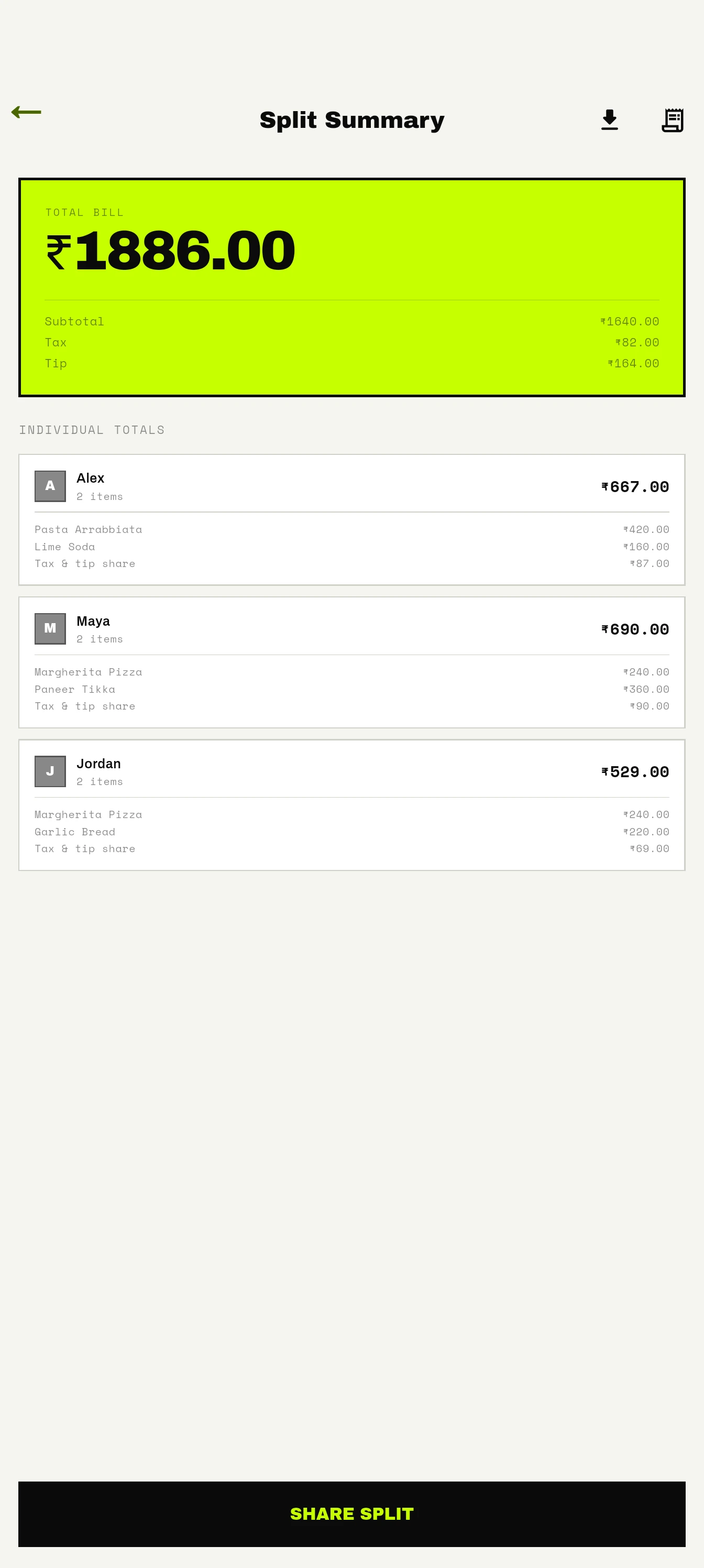 SettleTab summary for a ₹1,886 bill showing Alex ₹667, Maya ₹690, Jordan ₹529, and Share Split.