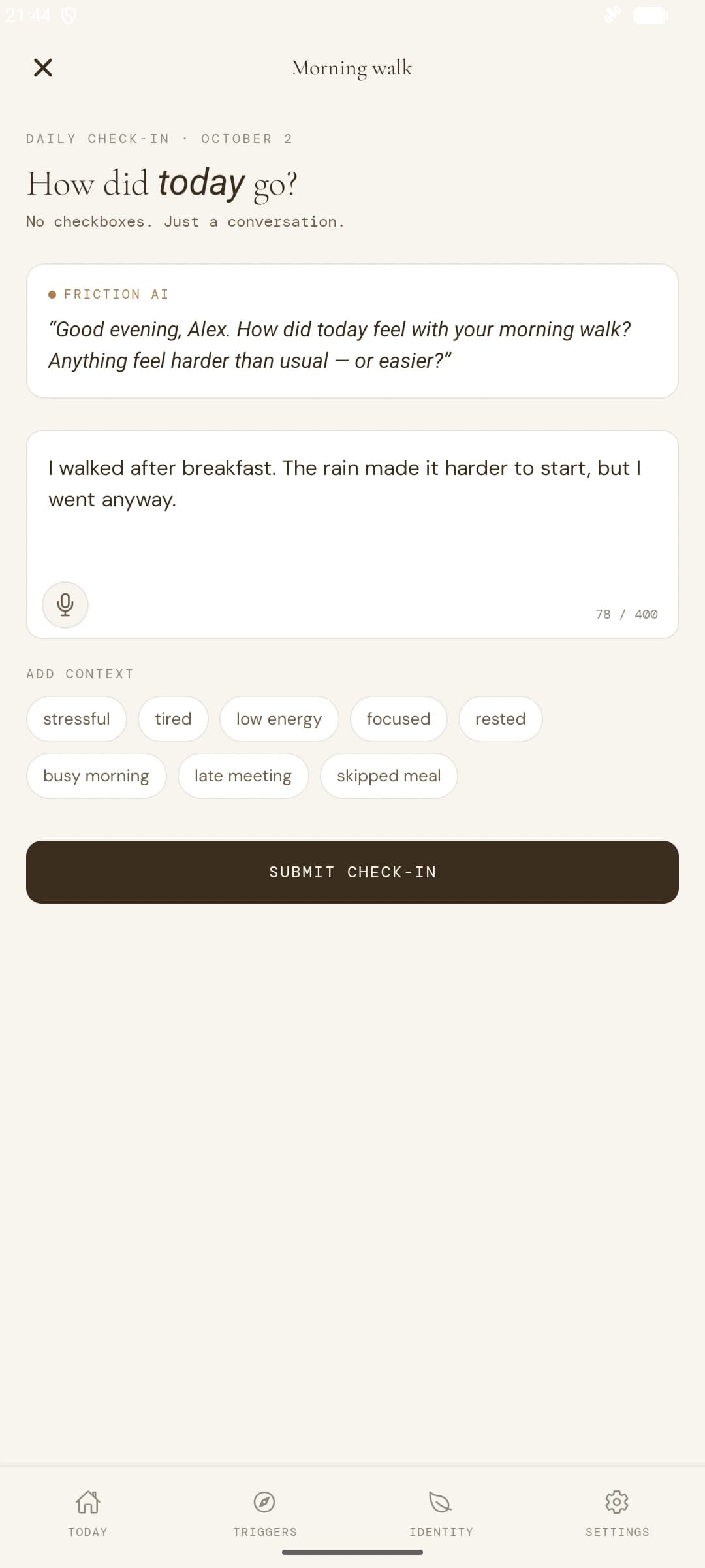 Tare check-in screen with a synthetic morning walk reflection.