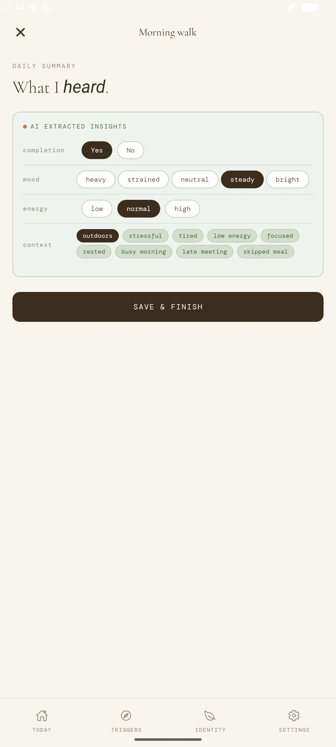 Tare review screen with completion, mood, energy, and context fields.