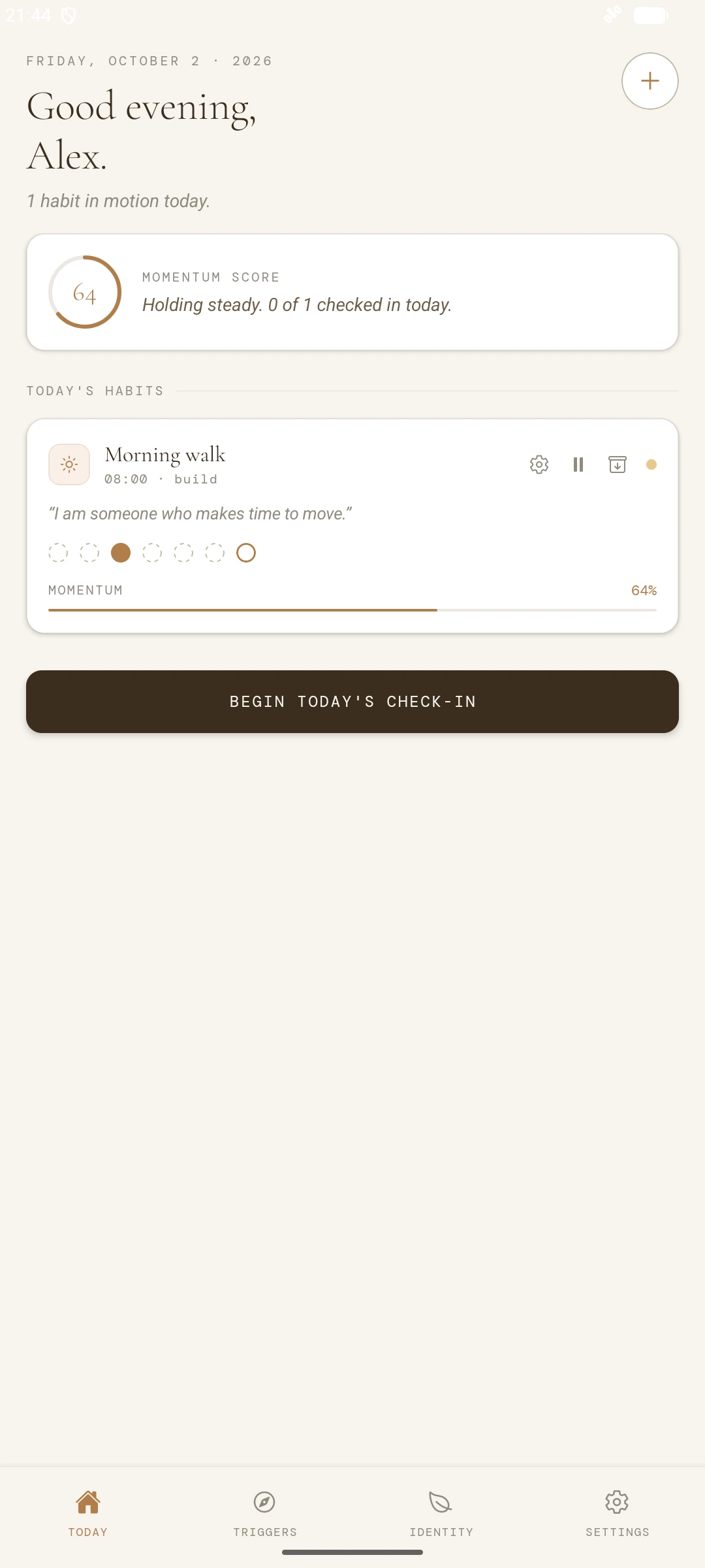 Tare home screen with a synthetic morning walk habit and identity statement.